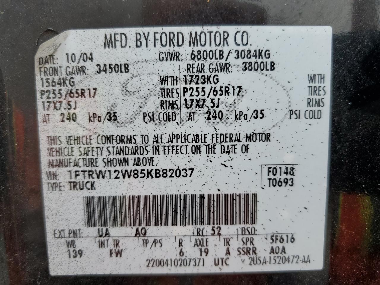 1FTRW12W85KB82037 2005 Ford F150 Supercrew