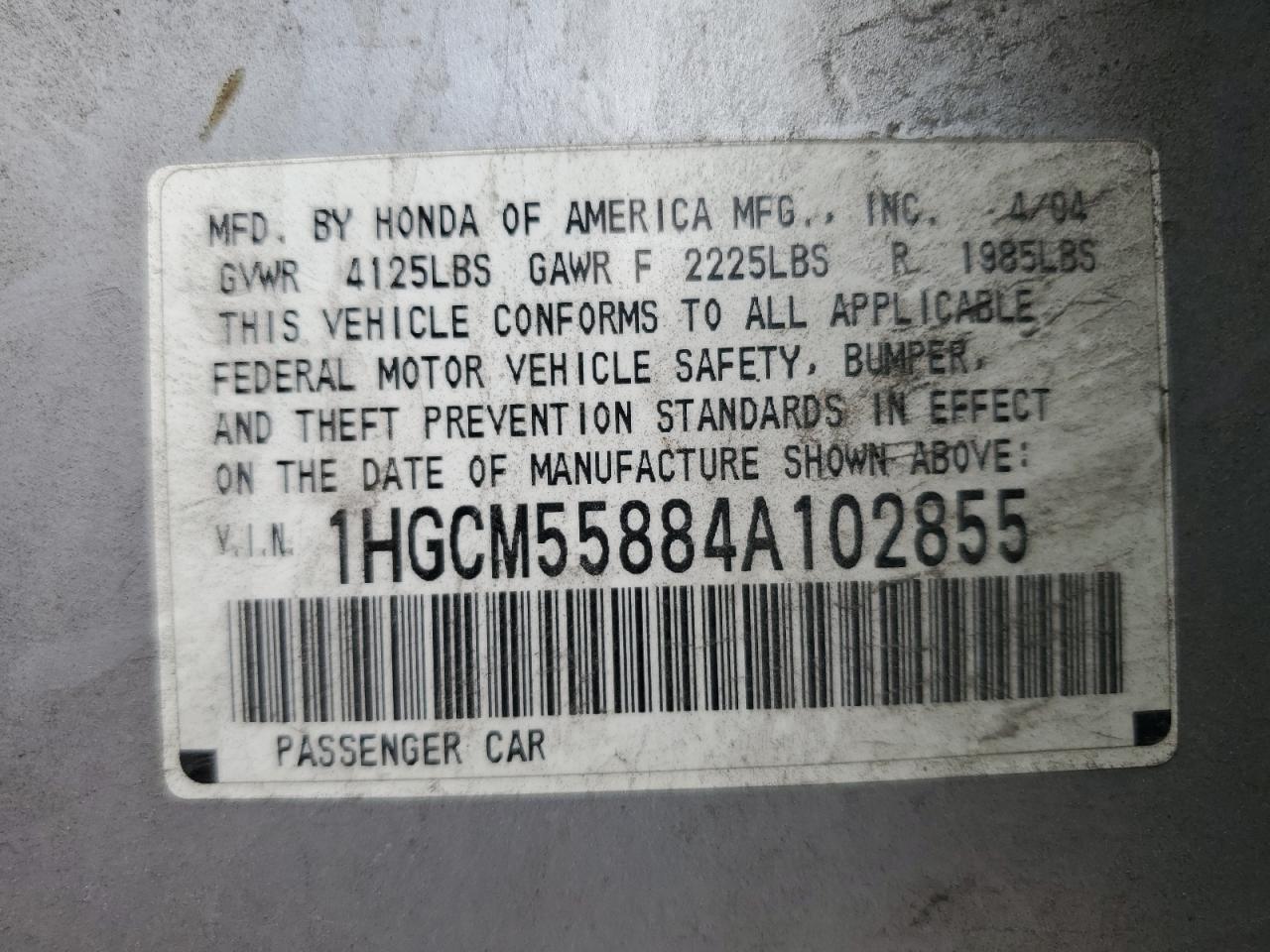 1HGCM55884A102855 2004 Honda Accord Ex