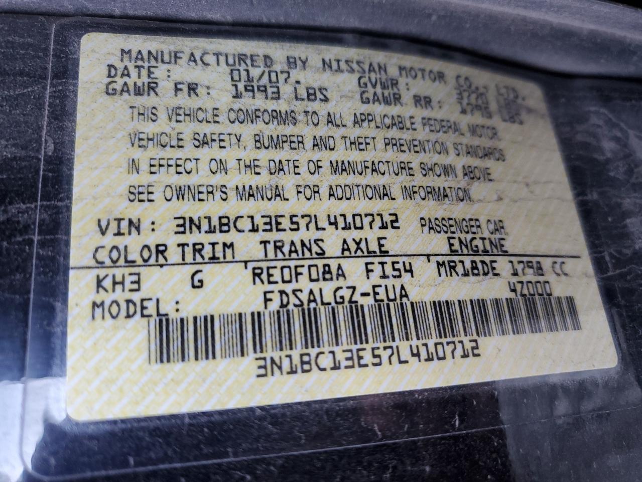 3N1BC13E57L410712 2007 Nissan Versa S