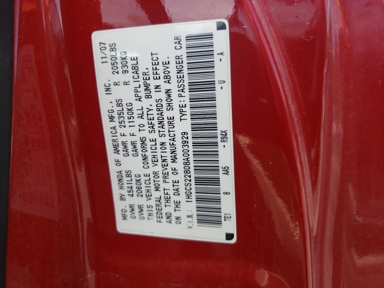 1HGCS22808A003929 2008 Honda Accord Exl