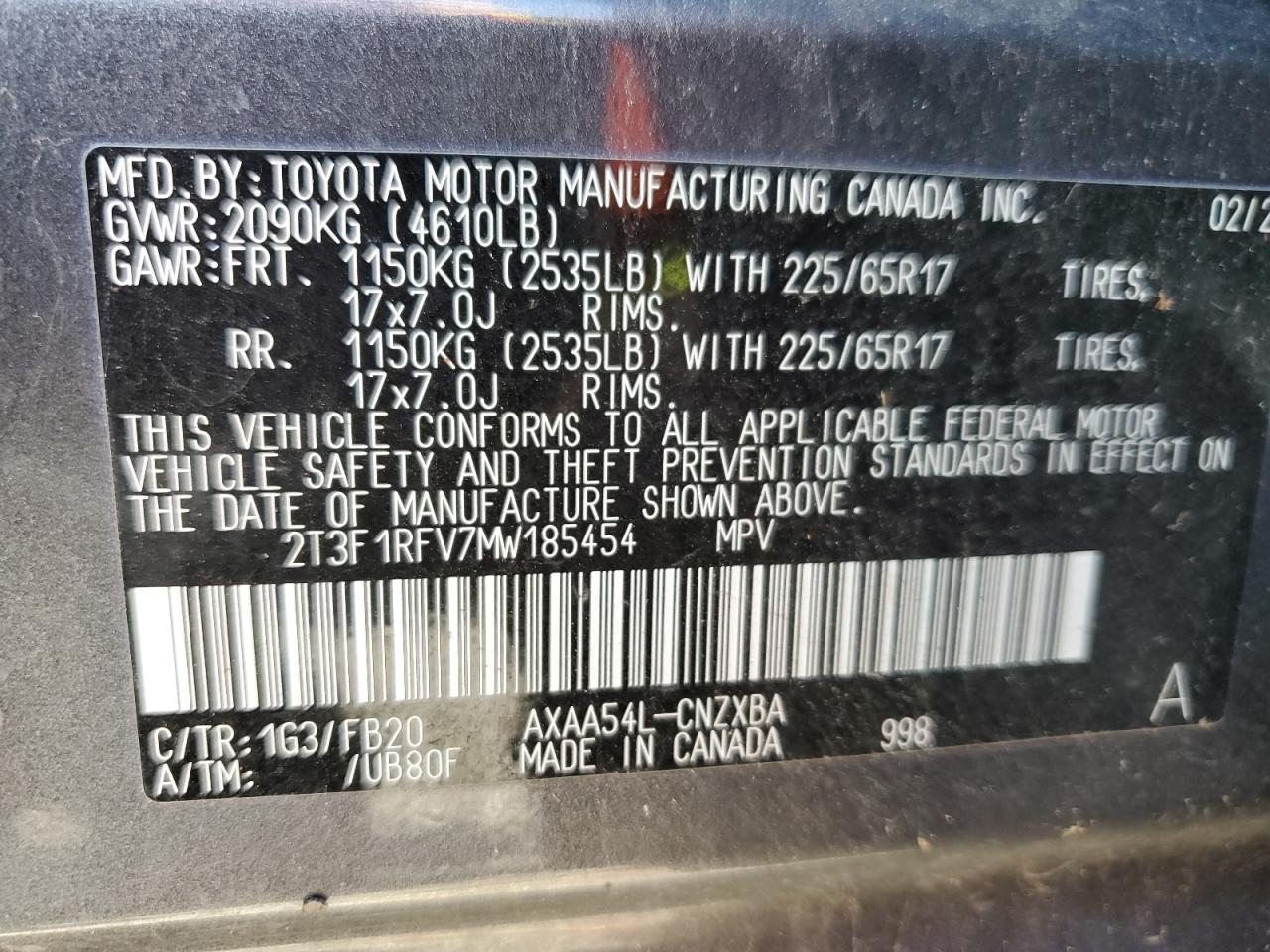 2T3F1RFV7MW185454 2021 Toyota Rav4 Le