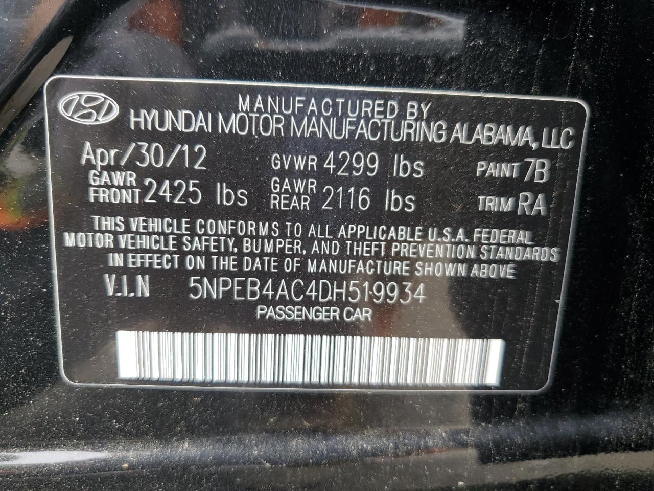 5NPEB4AC4DH519934 2013 Hyundai Sonata Gls