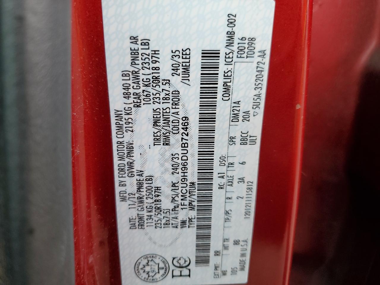 1FMCU9H96DUB72469 2013 Ford Escape Sel