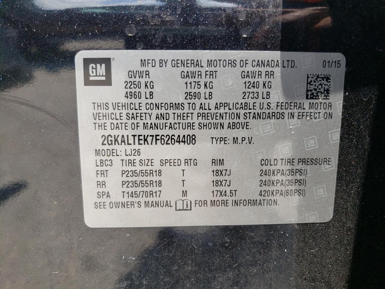 2GKALTEK7F6264408 2015 GMC Terrain Slt