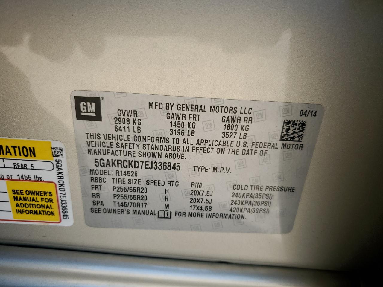 5GAKRCKD7EJ336845 2014 Buick Enclave