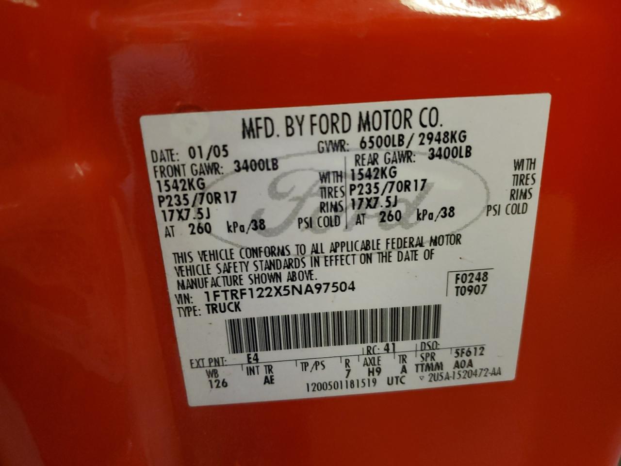 1FTRF122X5NA97504 2005 Ford F150