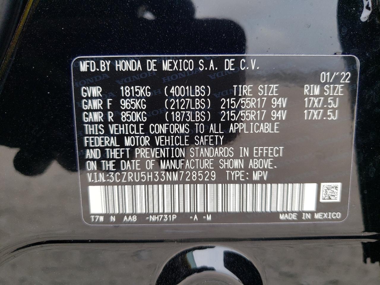 3CZRU5H33NM728529 2022 Honda Hr-V Lx