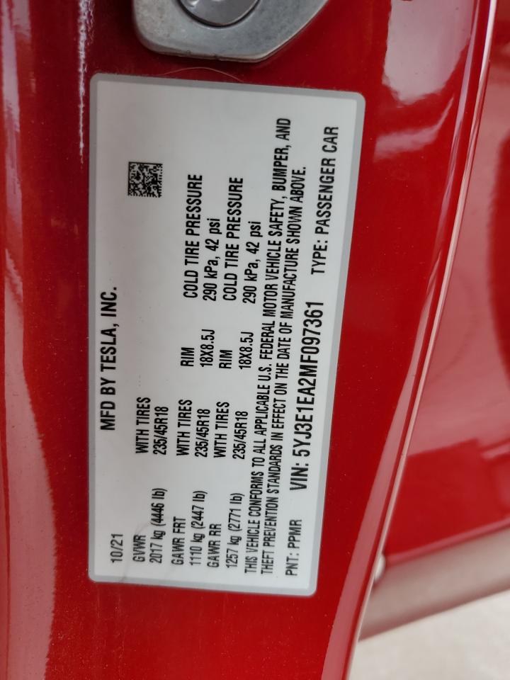 5YJ3E1EA2MF097361 2021 Tesla Model 3