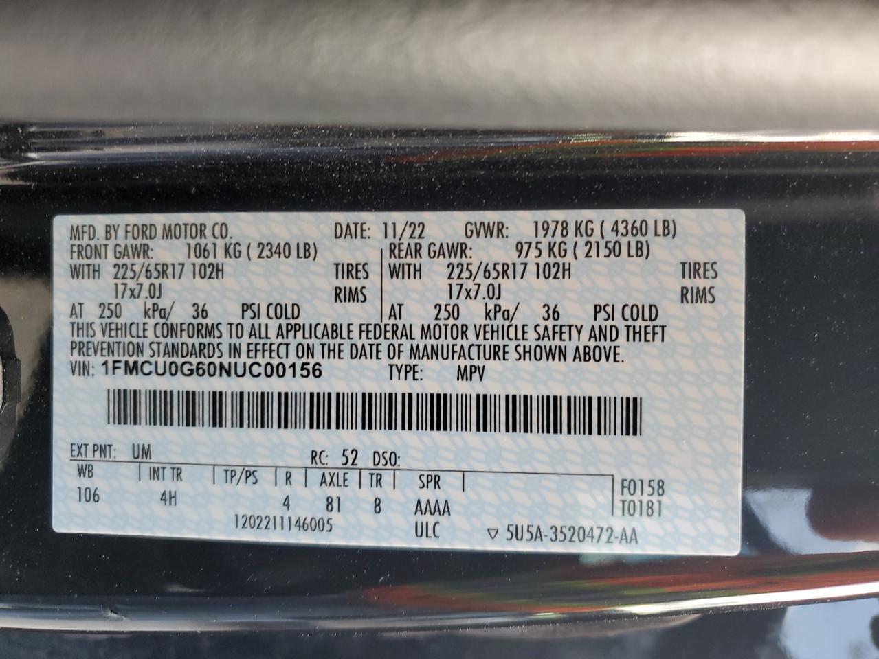 1FMCU0G60NUC00156 2022 Ford Escape Se