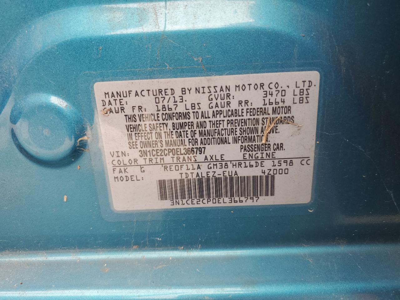 3N1CE2CP0EL366797 2014 Nissan Versa Note S