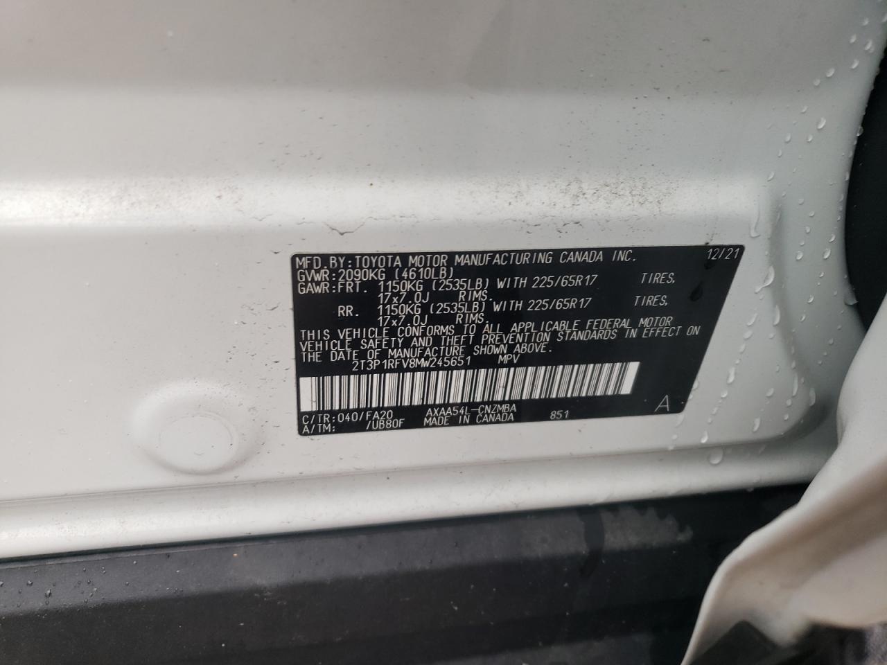 2T3P1RFV8MW245651 2021 Toyota Rav4 Xle