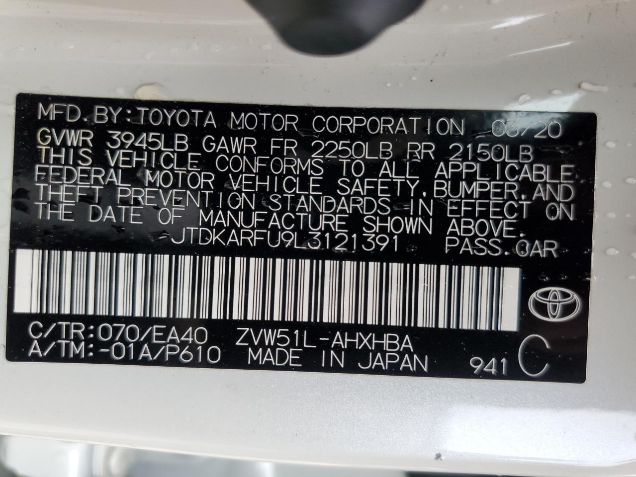 JTDKARFU9L3121391 2020 Toyota Prius L