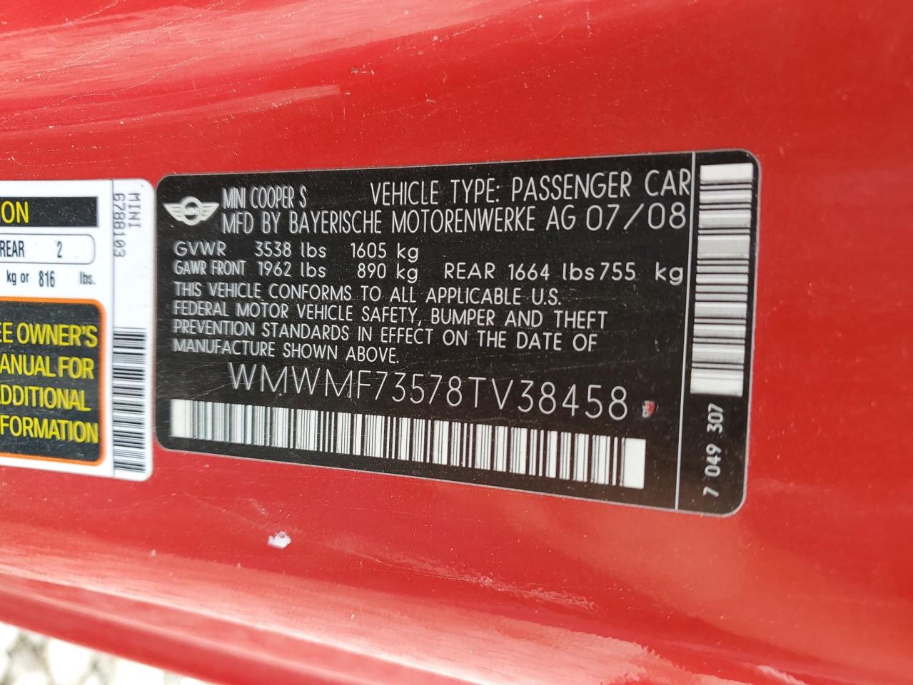 WMWMF73578TV38458 2008 Mini Cooper S