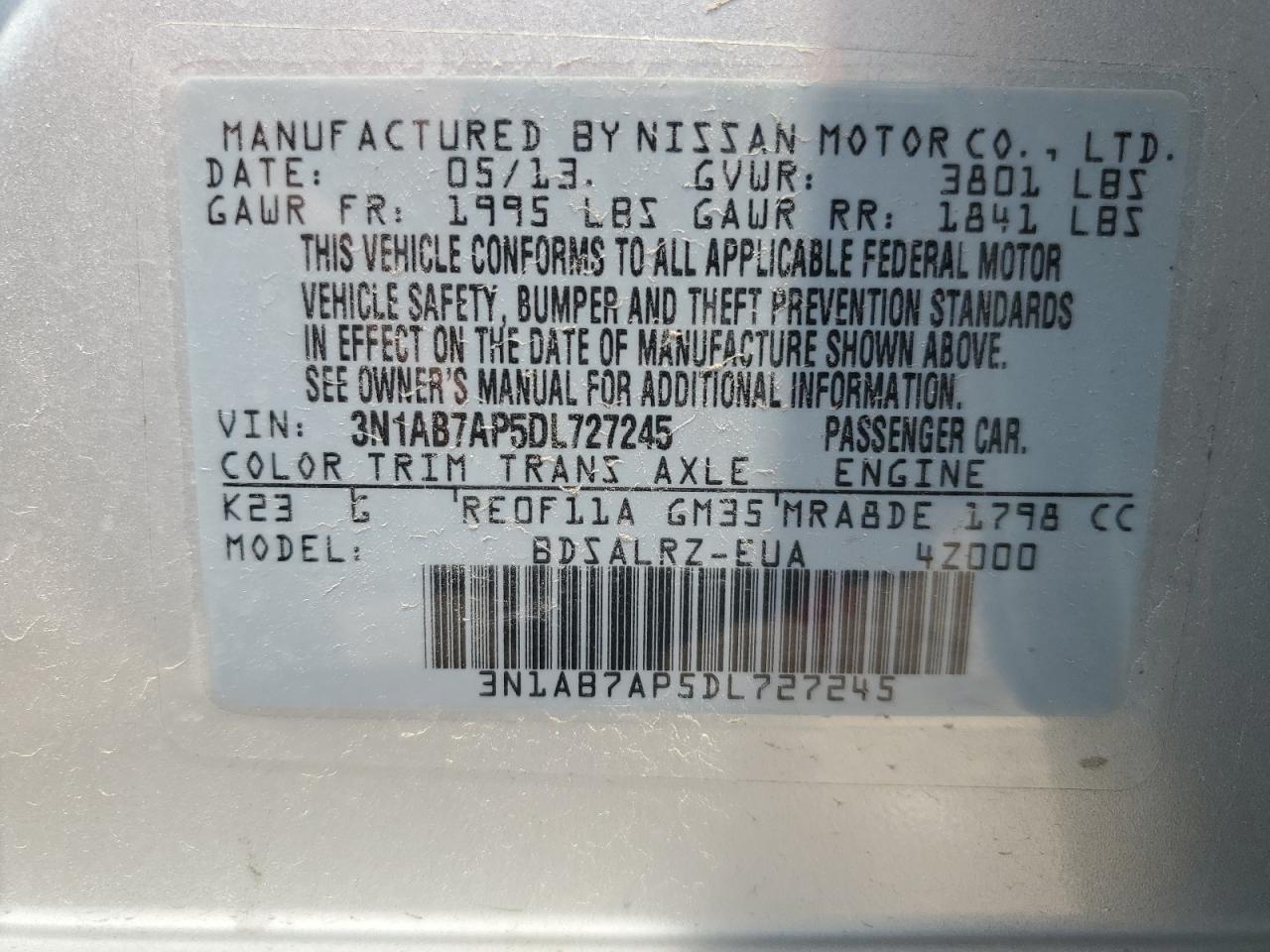 3N1AB7AP5DL727245 2013 Nissan Sentra S