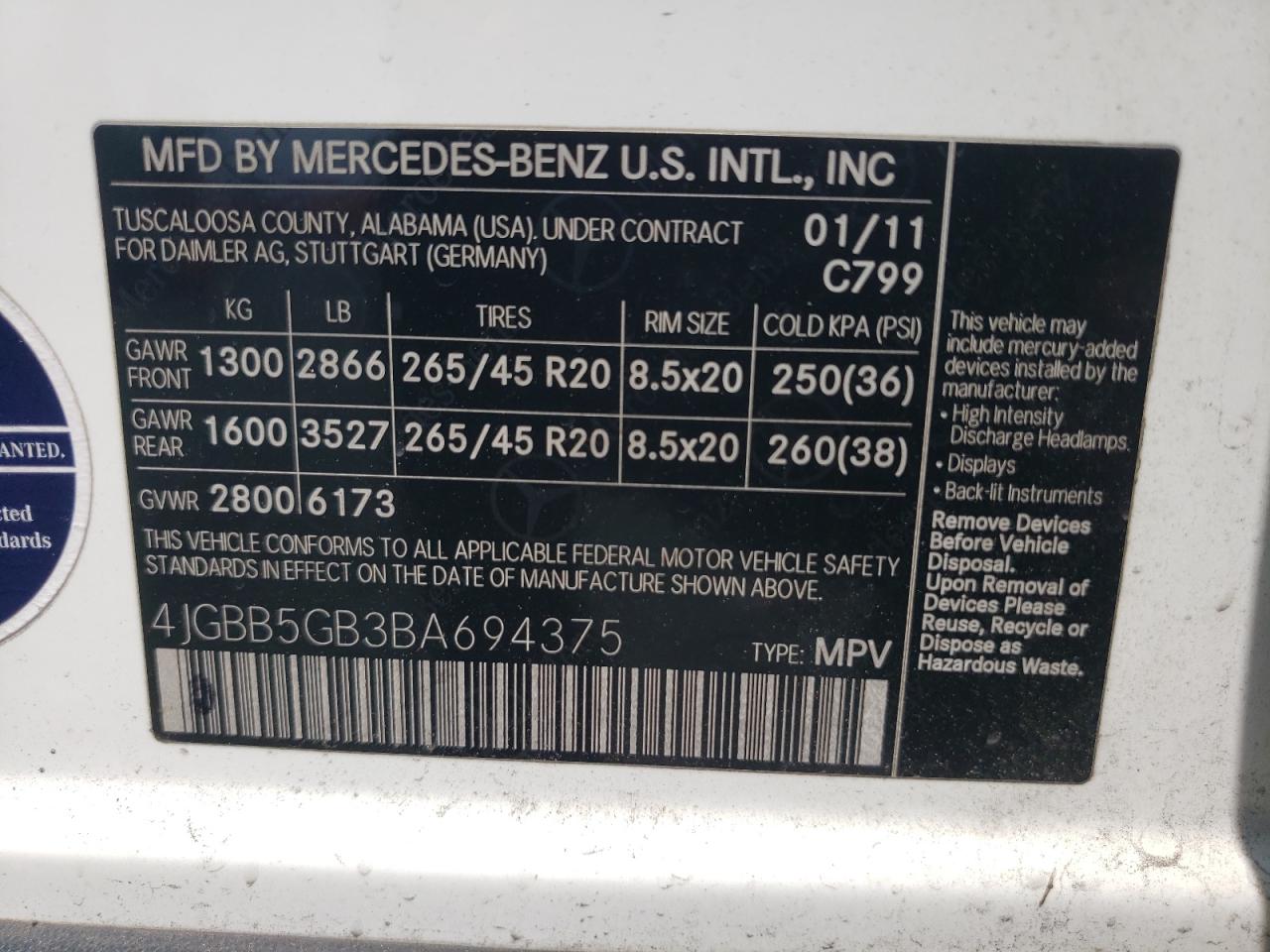 4JGBB5GB3BA694375 2011 Mercedes-Benz Ml 350