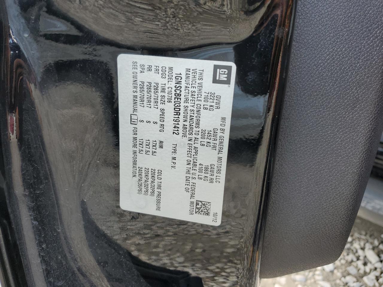 1GNSCBE03DR191412 2013 Chevrolet Tahoe C1500 Lt