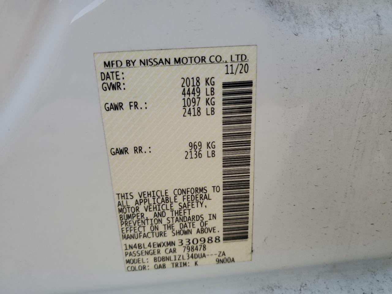 1N4BL4EWXMN330988 2021 Nissan Altima Sl