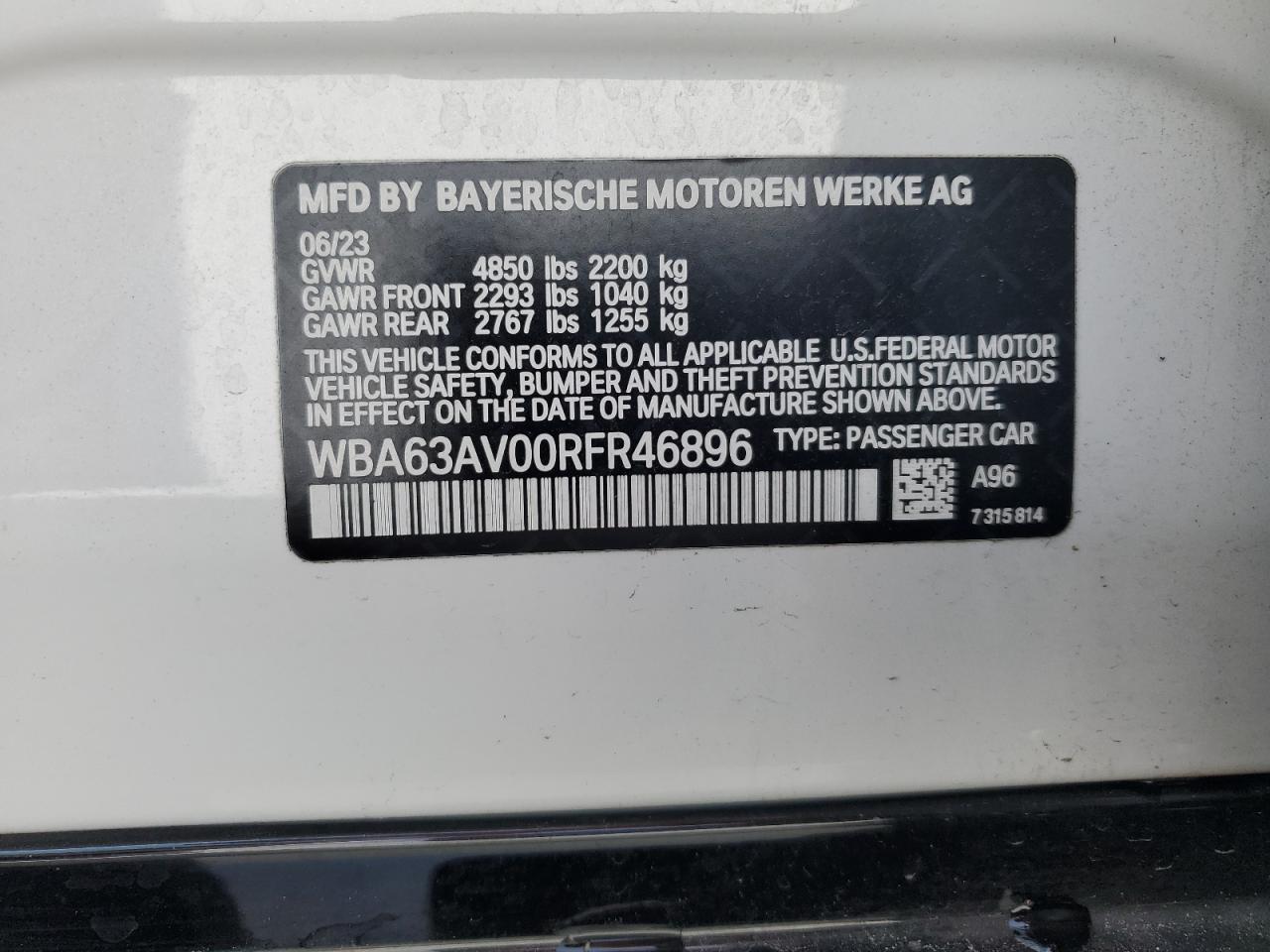 2024 BMW 430I Gran Coupe vin: WBA63AV00RFR46896