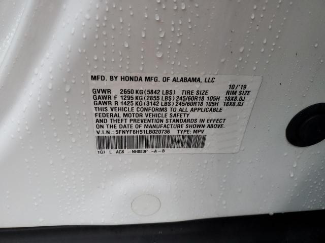2020 Honda Pilot Exl VIN: 5FNYF6H51LB020736 Lot: 53355914