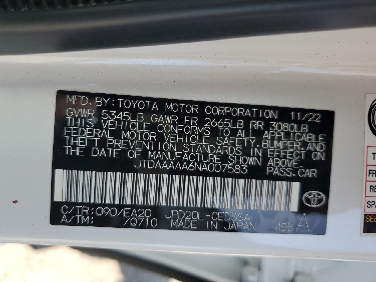 2022 Toyota Mirai Le vin: JTDAAAAA6NA007583