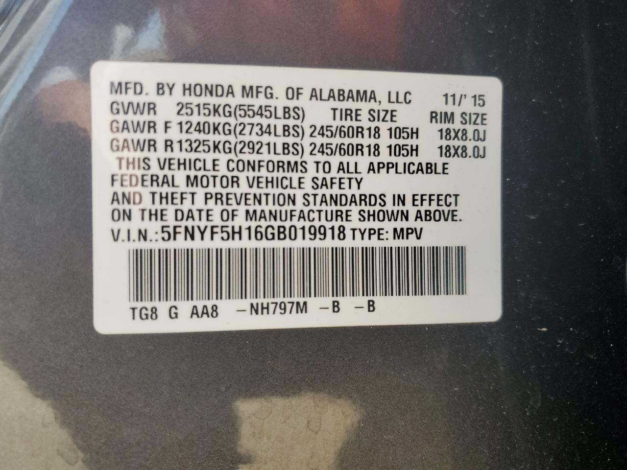 5FNYF5H16GB019918 2016 Honda Pilot Lx