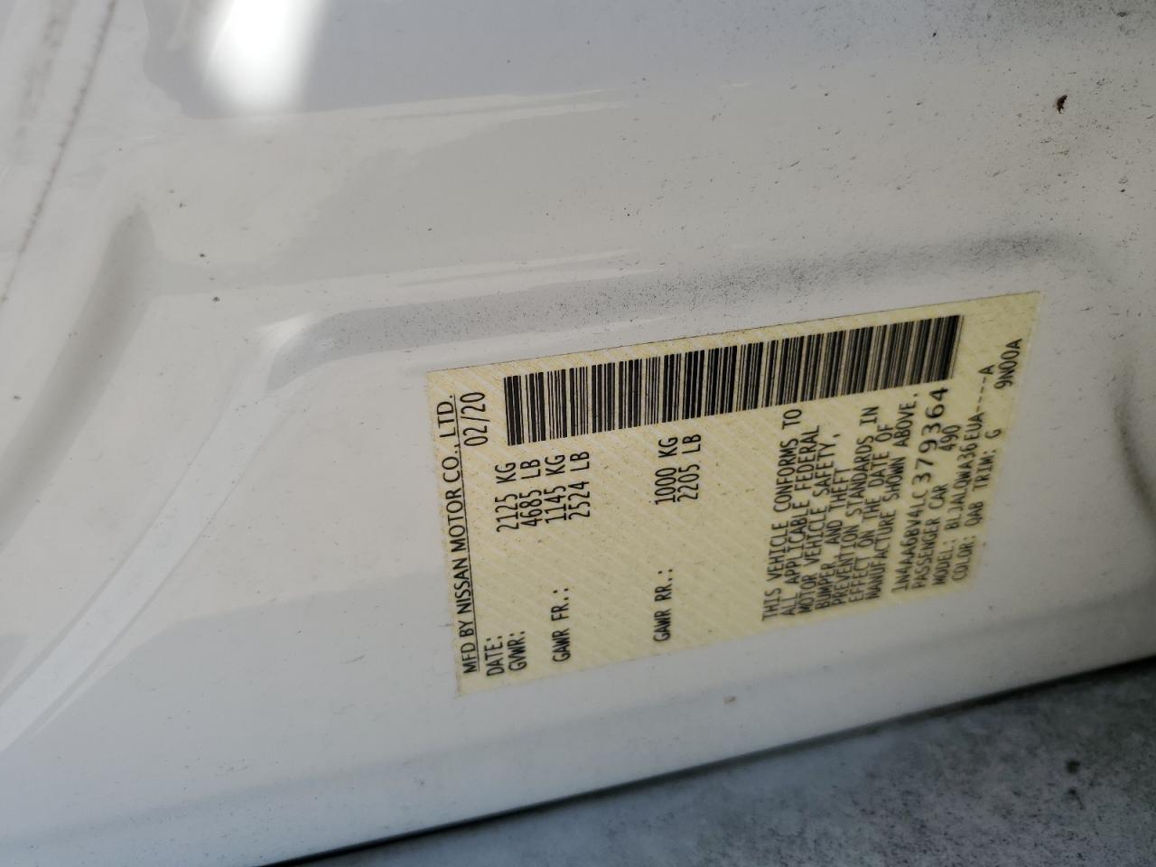 1N4AA6BV4LC379364 2020 Nissan Maxima S