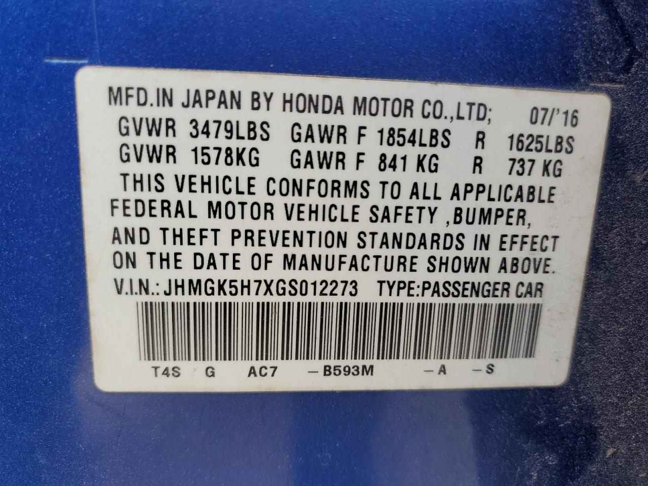 JHMGK5H7XGS012273 2016 Honda Fit Ex