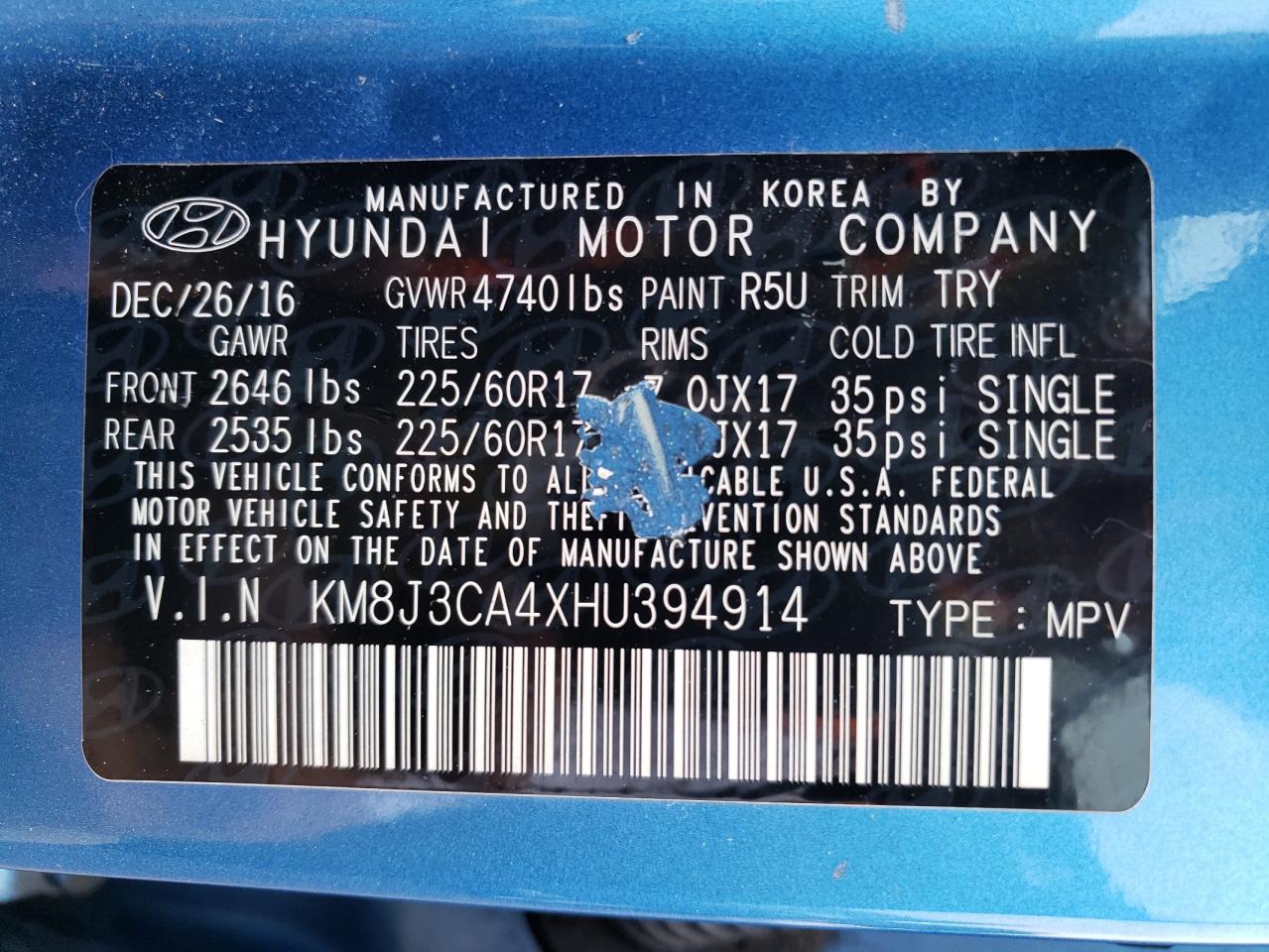 KM8J3CA4XHU394914 2017 Hyundai Tucson Limited