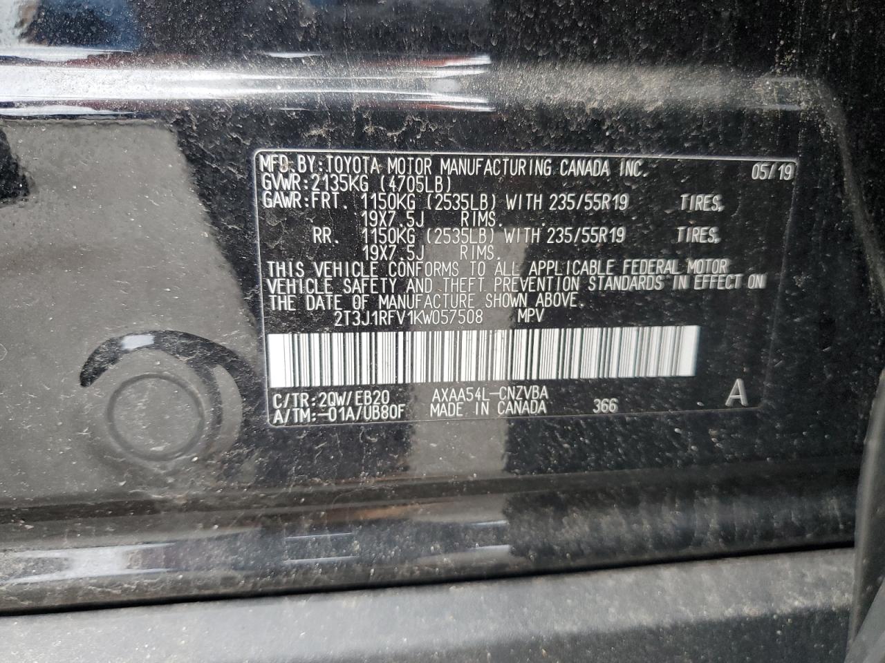 2T3J1RFV1KW057508 2019 Toyota Rav4 Adventure