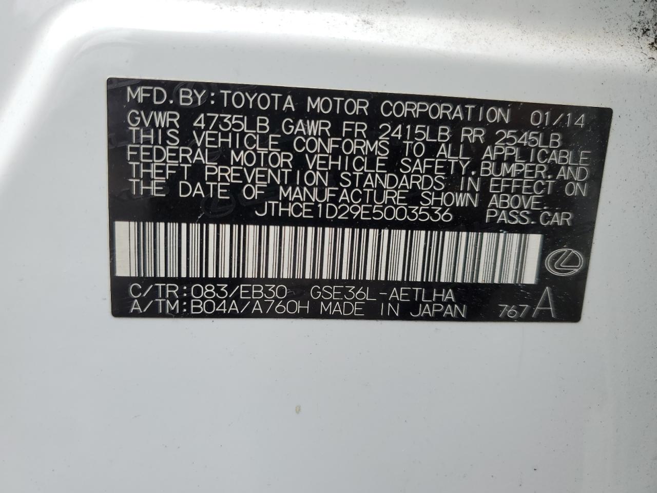 JTHCE1D29E5003536 2014 Lexus Is 350