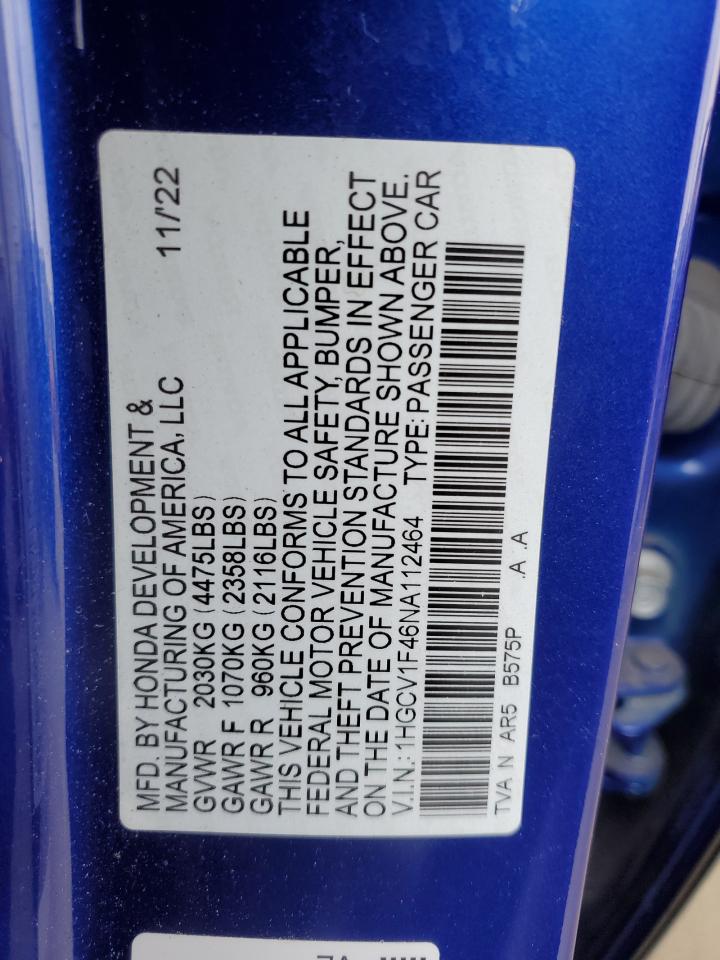 1HGCV1F46NA112464 2022 Honda Accord Sport Se