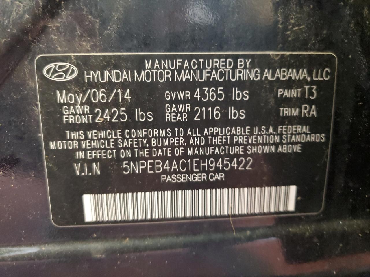 5NPEB4AC1EH945422 2014 Hyundai Sonata Gls