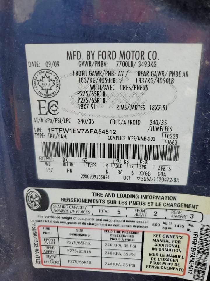 1FTFW1EV7AFA54512 2010 Ford F150 Supercrew