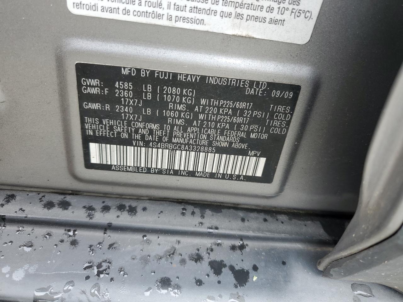 4S4BRBGC8A3328885 2010 Subaru Outback 2.5I Premium