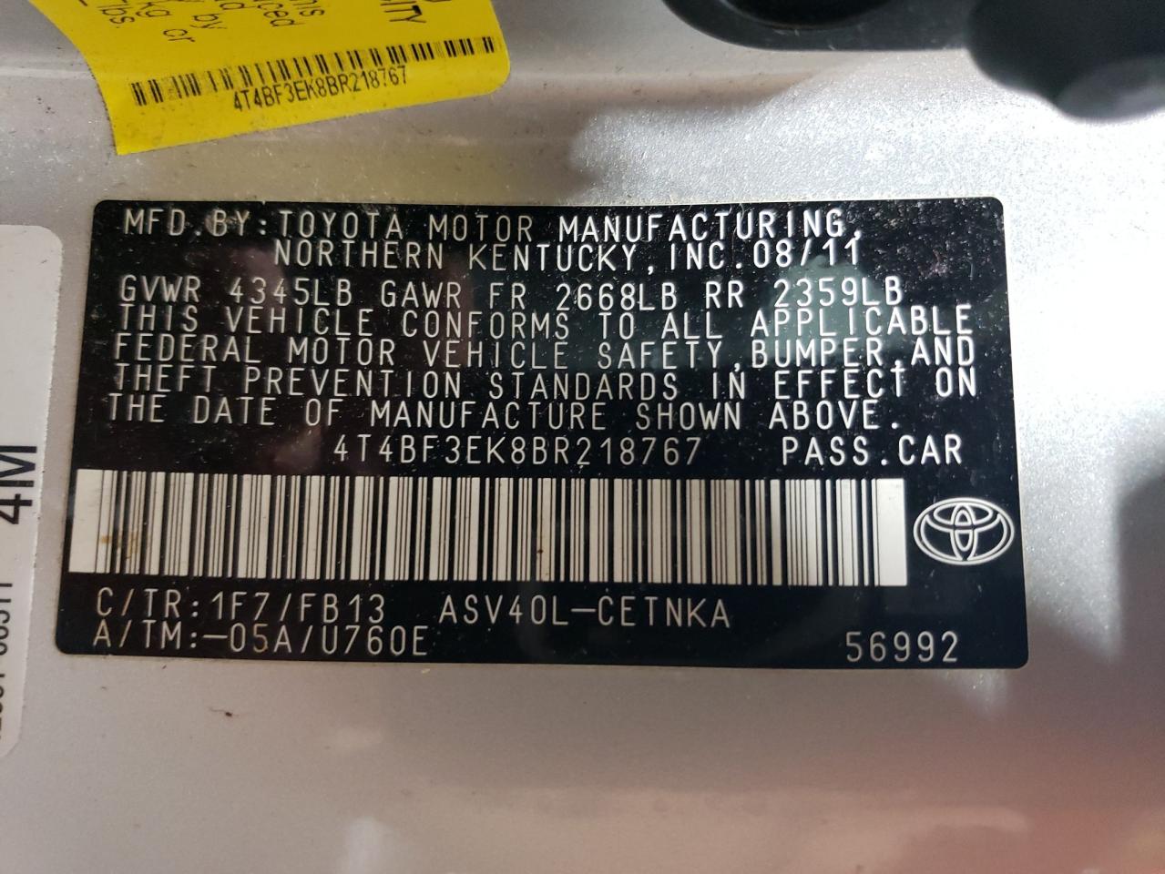 4T4BF3EK8BR218767 2011 Toyota Camry Base