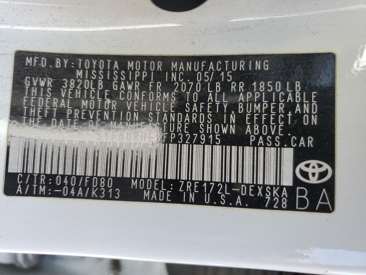 5YFBURHE5FP327915 2015 Toyota Corolla L