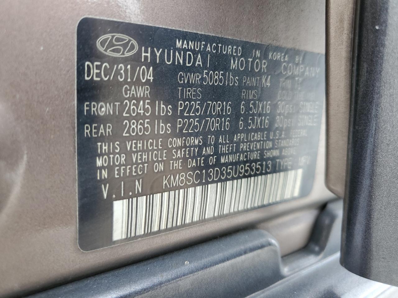 KM8SC13D35U953513 2005 Hyundai Santa Fe Gls