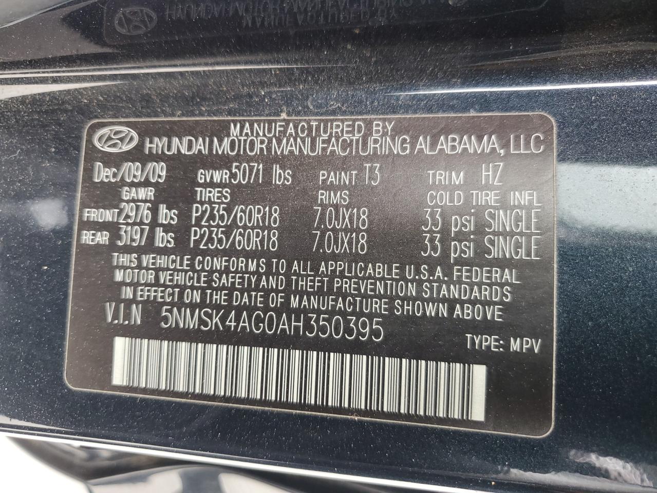 5NMSK4AG0AH350395 2010 Hyundai Santa Fe Limited