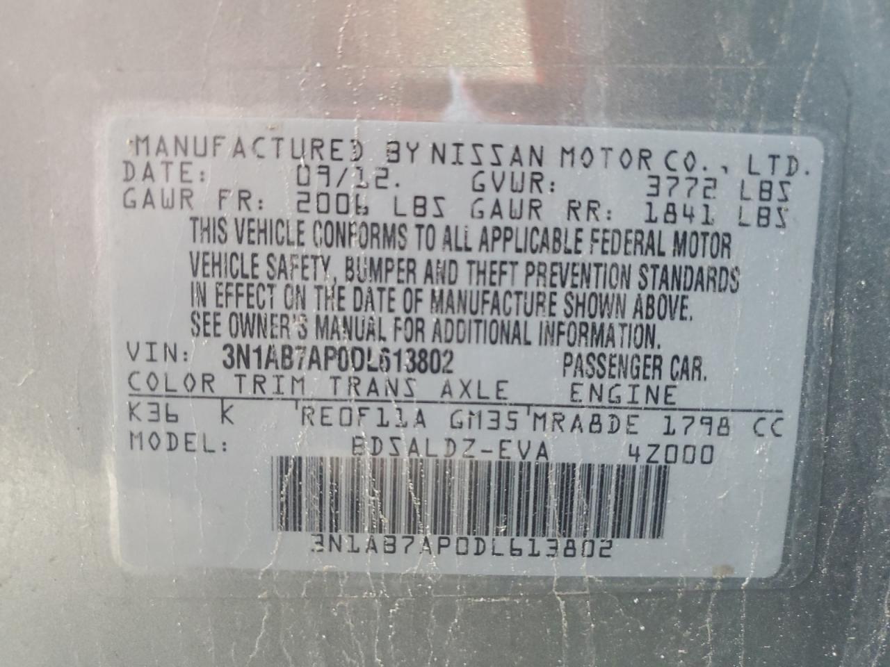 3N1AB7AP0DL613802 2013 Nissan Sentra S