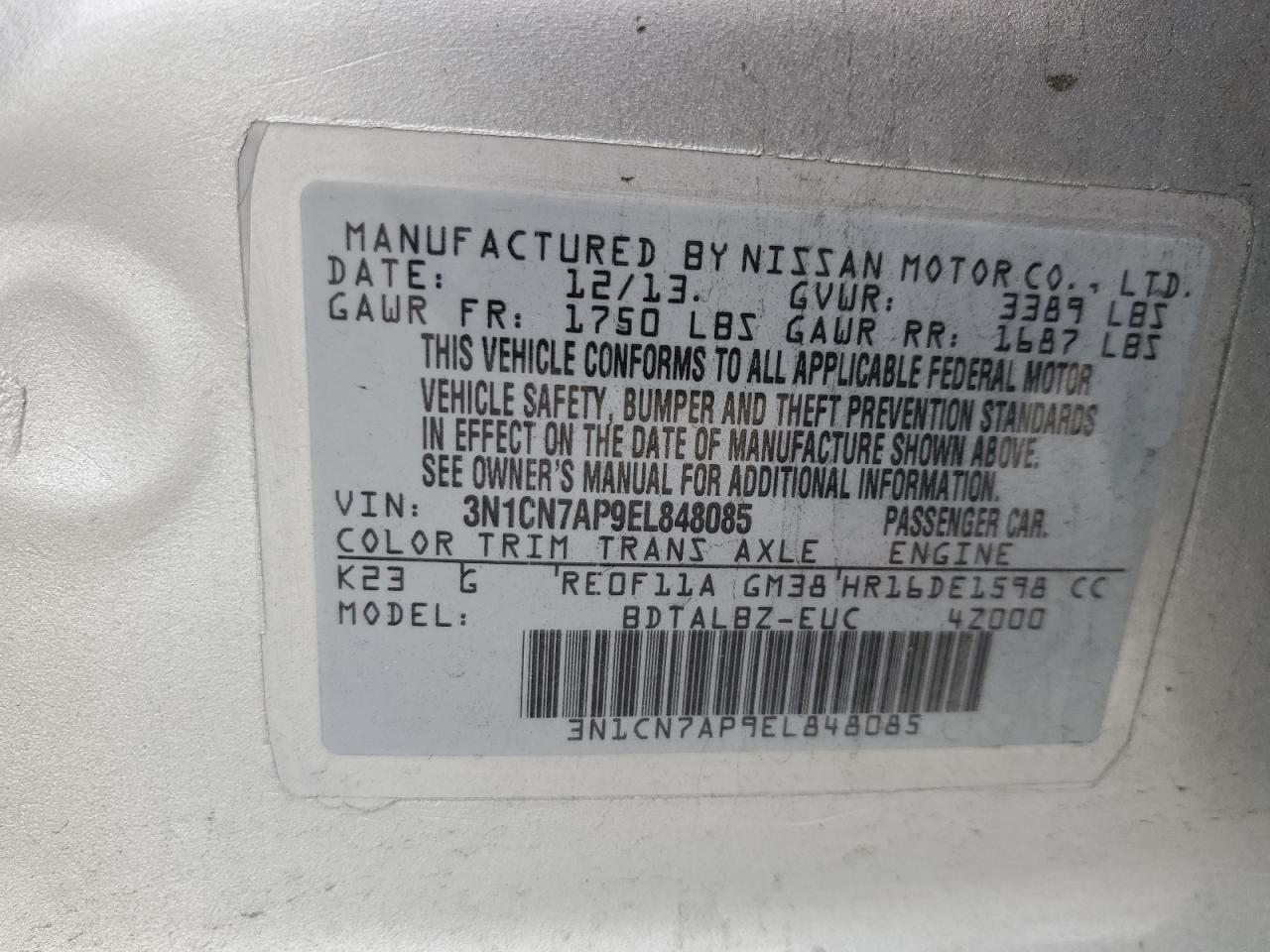 3N1CN7AP9EL848085 2014 Nissan Versa S