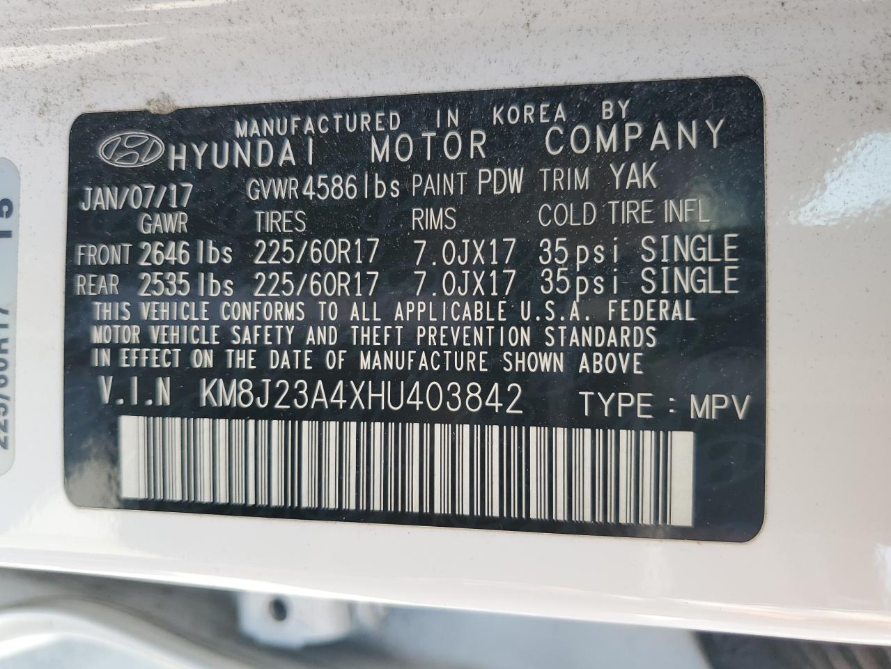 KM8J23A4XHU403842 2017 Hyundai Tucson Se