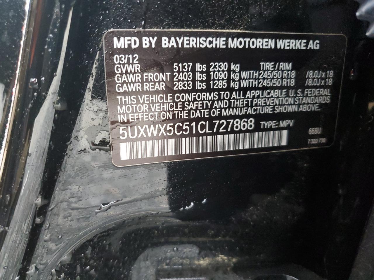 5UXWX5C51CL727868 2012 BMW X3 xDrive28I