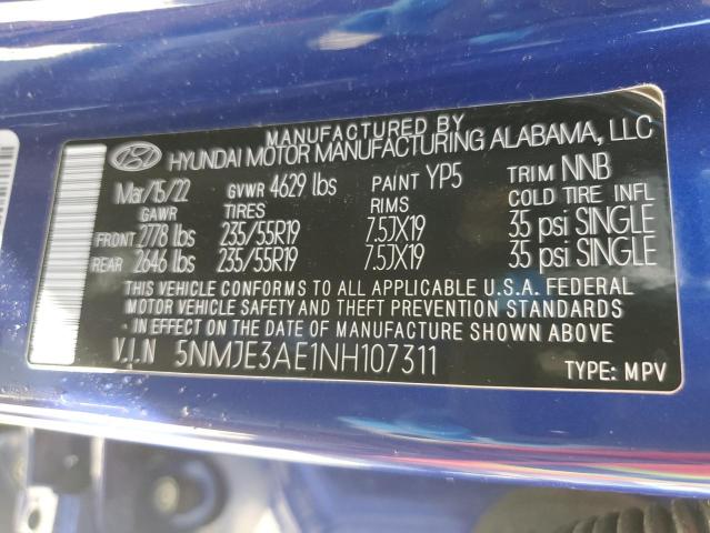 2022 Hyundai Tucson Limited VIN: 5NMJE3AE1NH107311 Lot: 55487674