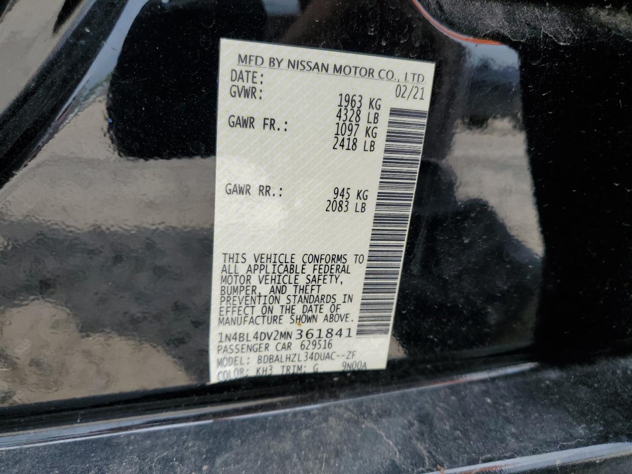 1N4BL4DV2MN361841 2021 Nissan Altima Sv