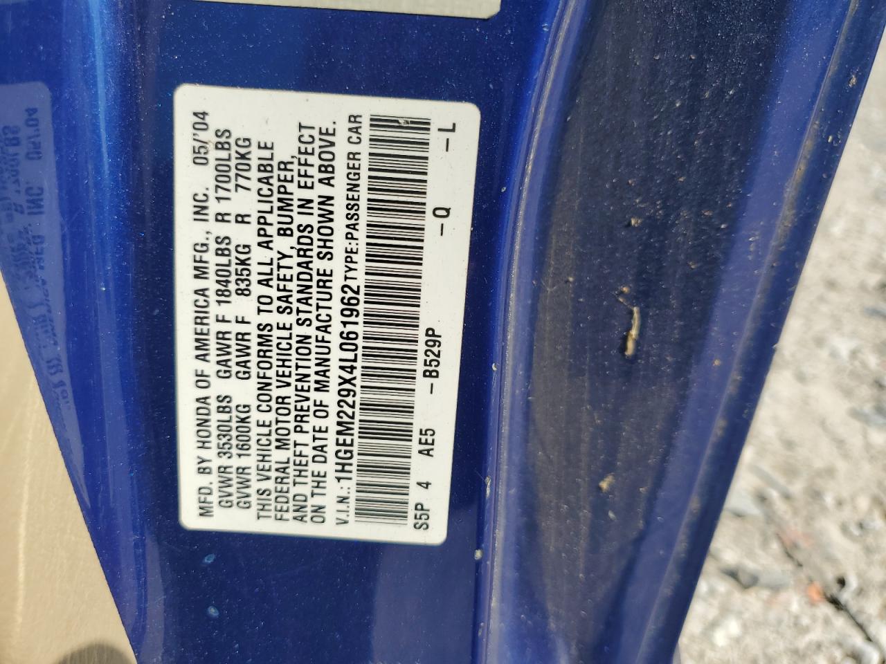 1HGEM229X4L061962 2004 Honda Civic Ex