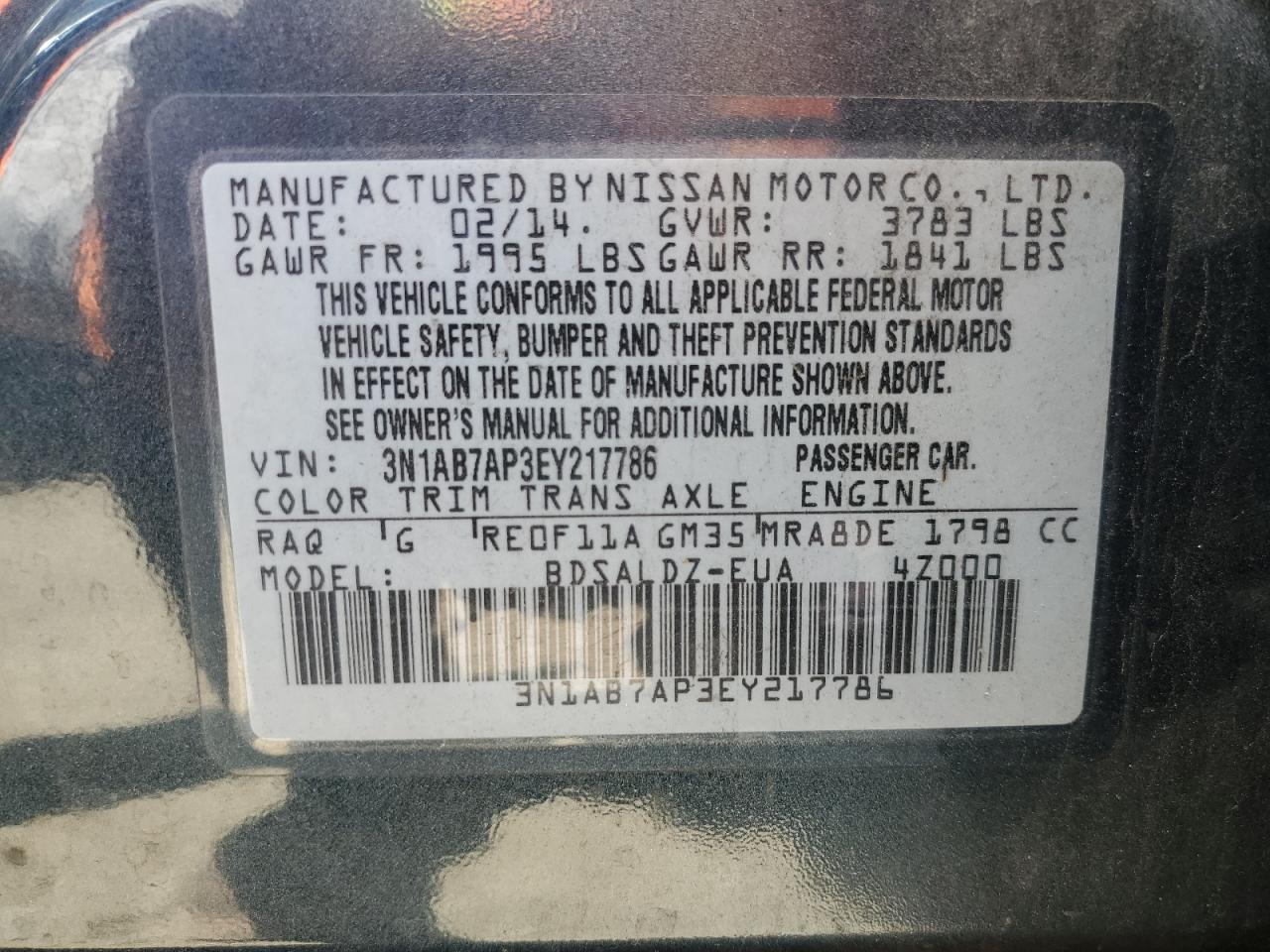 3N1AB7AP3EY217786 2014 Nissan Sentra S