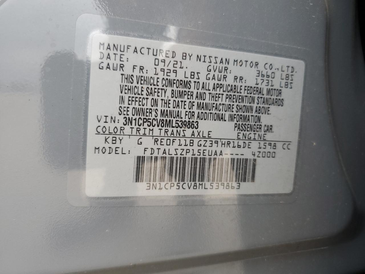 3N1CP5CV8ML539863 2021 Nissan Kicks Sv