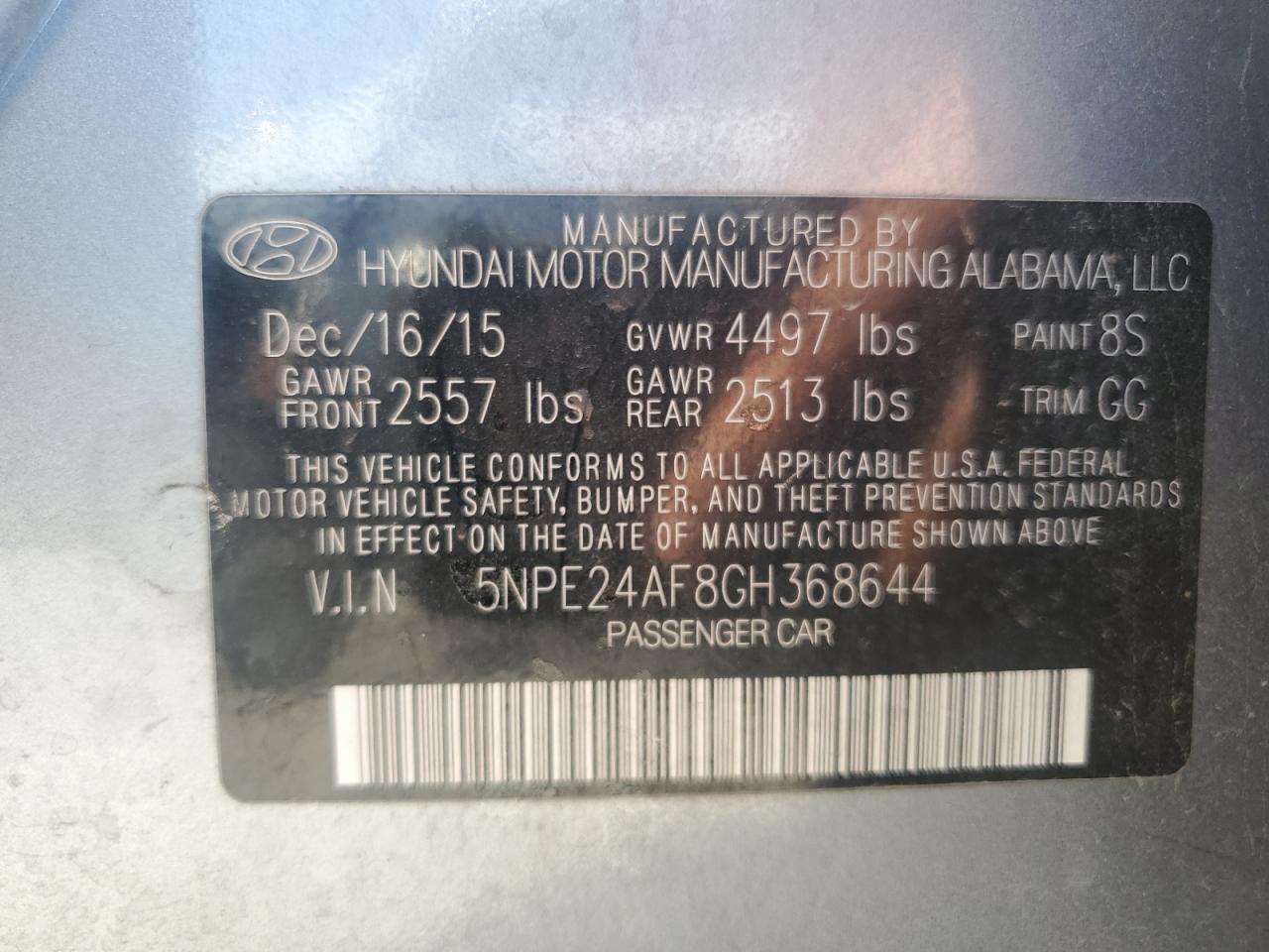 5NPE24AF8GH368644 2016 Hyundai Sonata Se