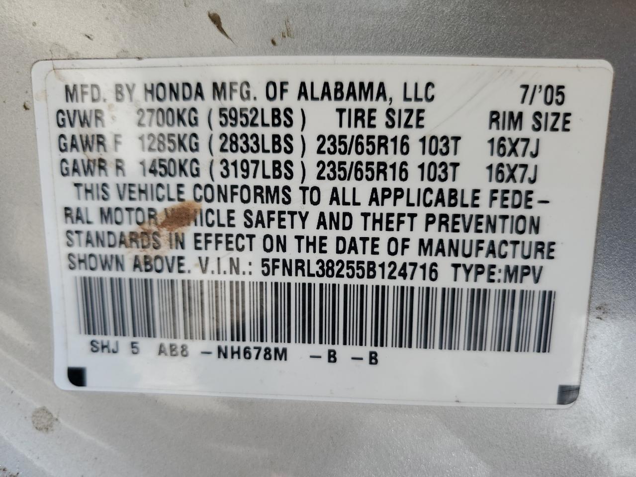 5FNRL38255B124716 2005 Honda Odyssey Lx