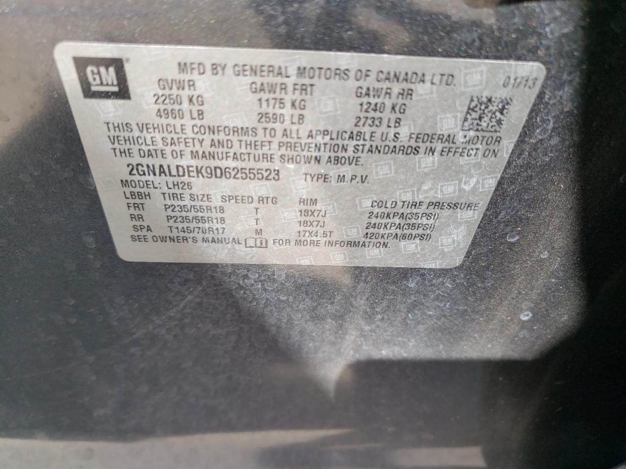 2GNALDEK9D6255523 2013 Chevrolet Equinox Lt